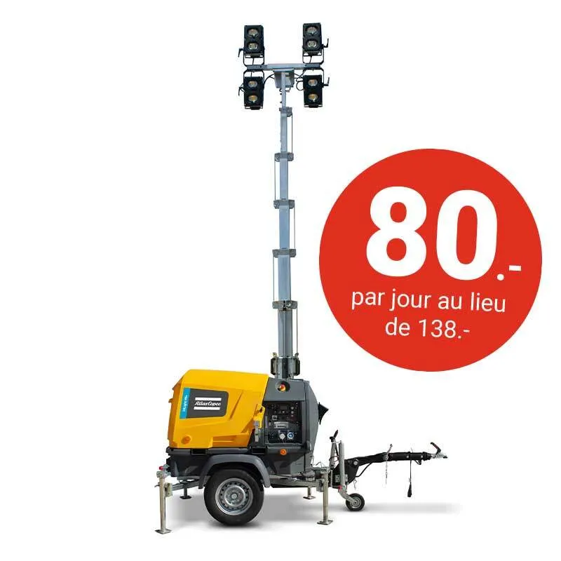 HiLight H6+⚡🍃, Mât d’éclairage LED mobile Atlas Copco – diesel ou 230V – 6’000 m²