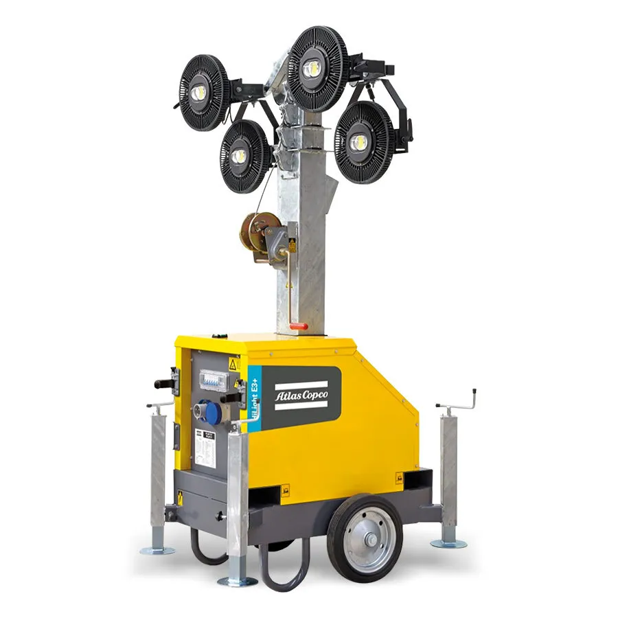 HiLight E3+⚡🍃, Mât d’éclairage LED électrique Atlas Copco – 3’000 m² – zéro émission