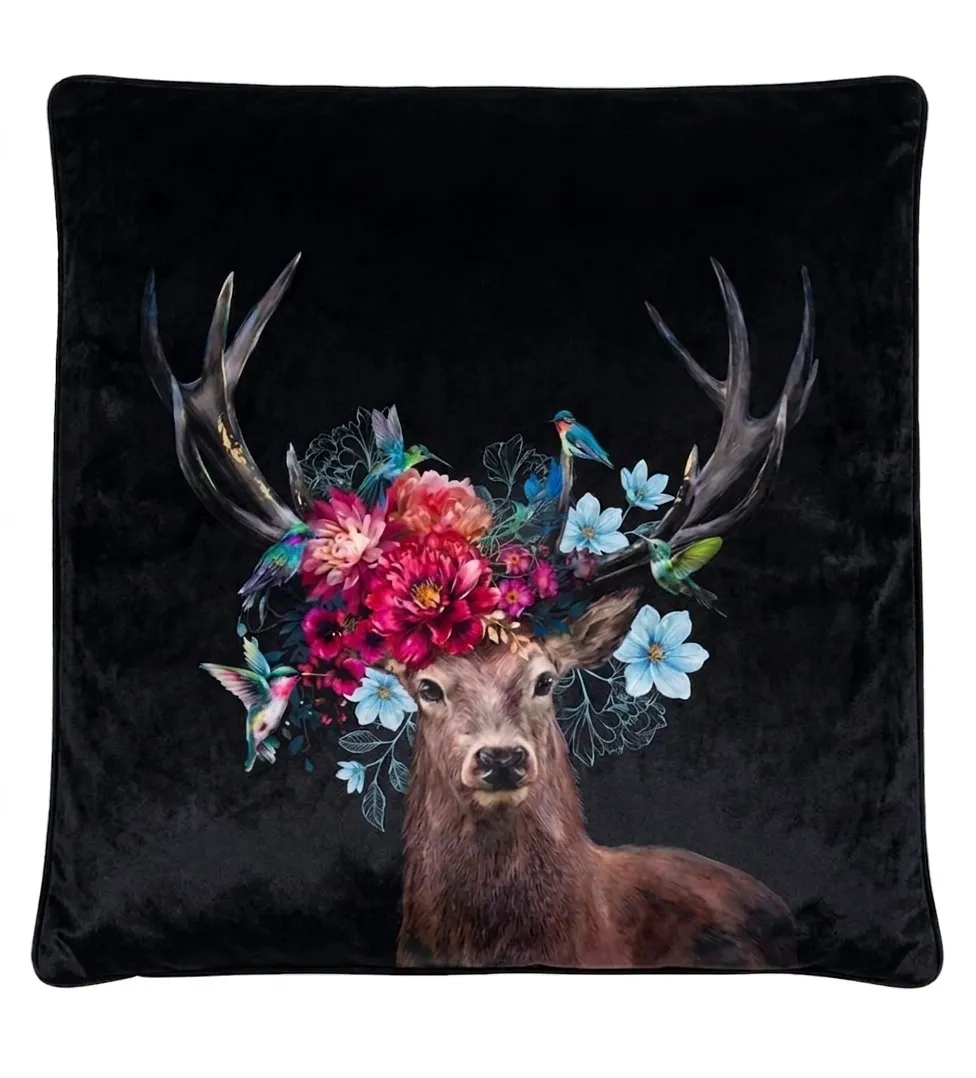 Black Deer Floral Cushion Cover