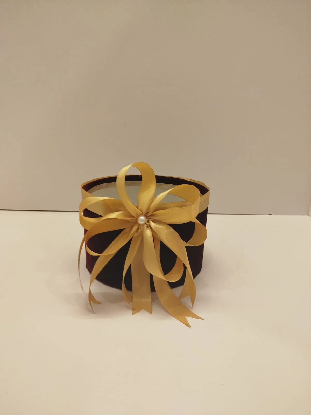 Black round box with ribbon bow 8"" x 8"" x 5""