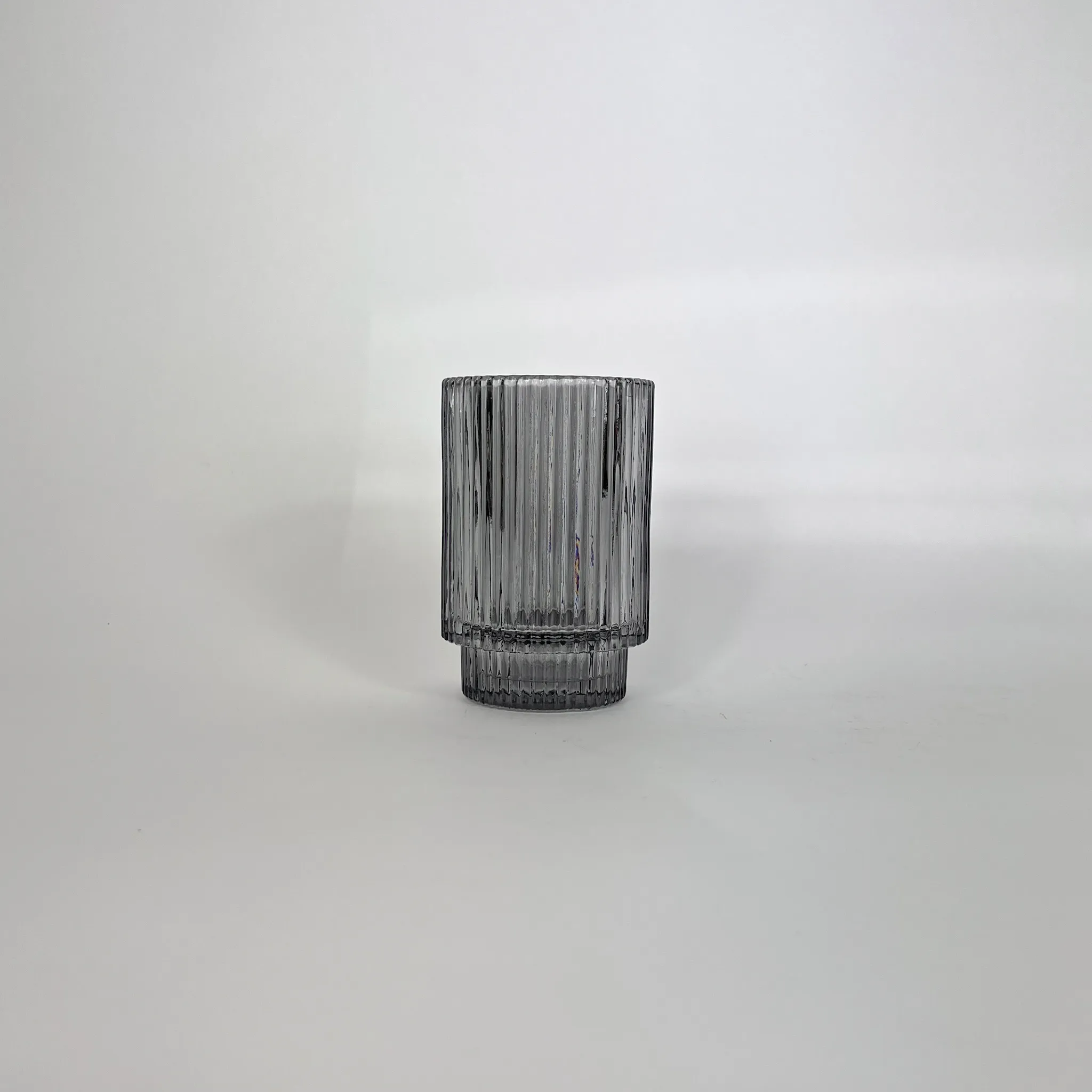 SMOKE RIBBED GLASS CANDLE HOLDER