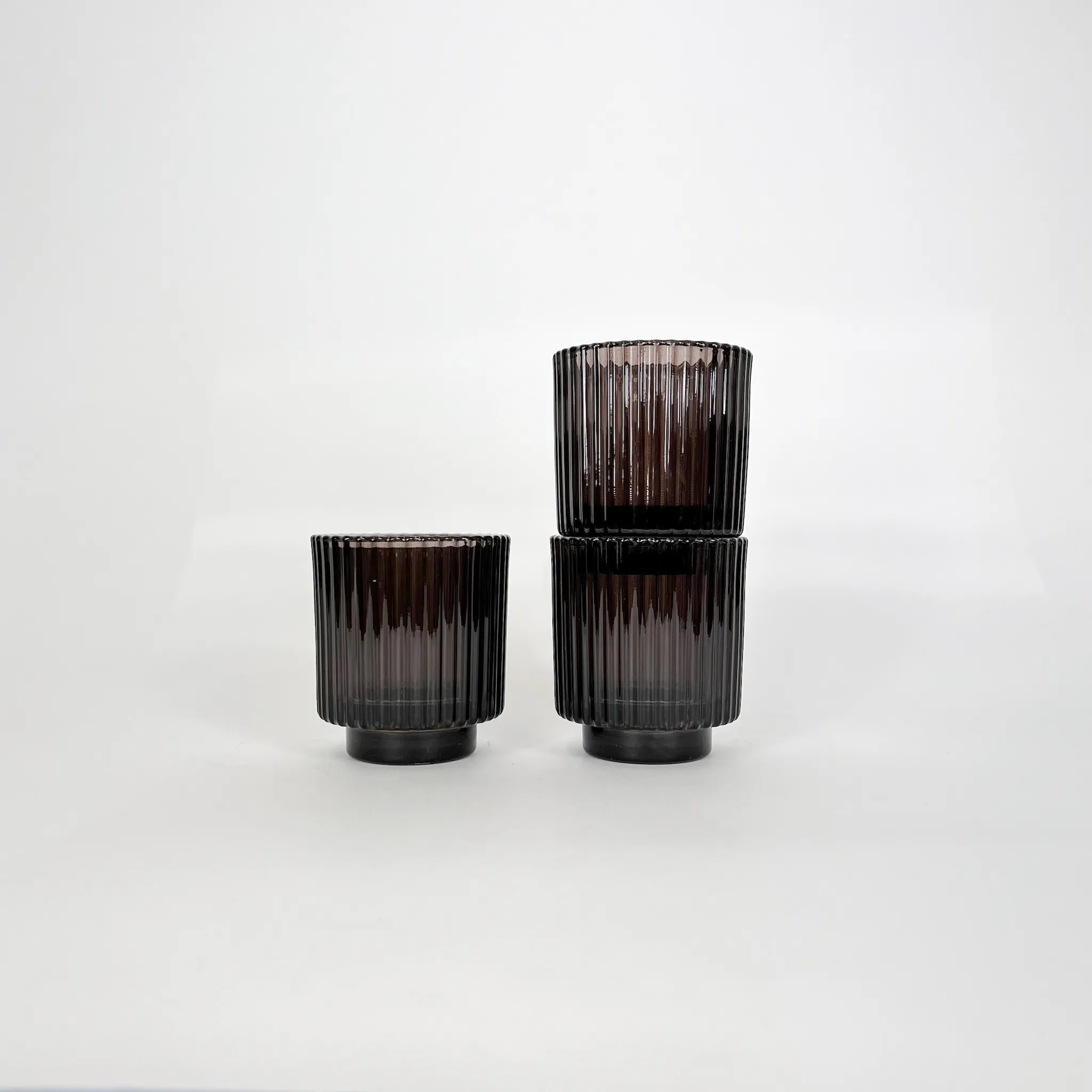 BLACK RIBBED GLASS CANDLE HOLDER