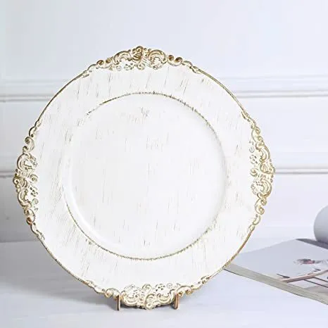 Gold Acrylic Round Charger Plates, Leaf Embossed Baroque Charger Plates