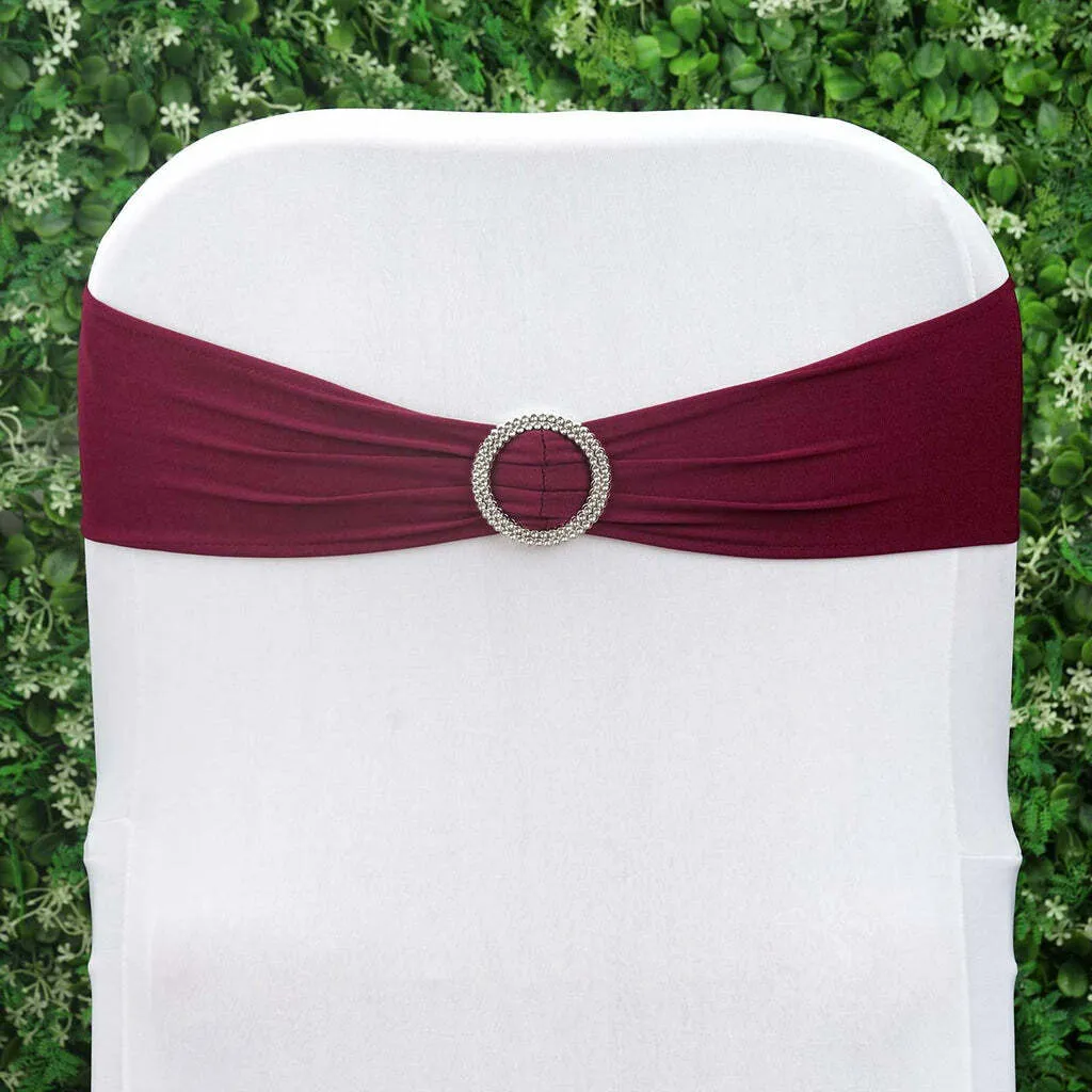 Burgundy Spandex Stretch Chair Sashes With Silver Diamond Ring Slide Buckle 5"X14"
