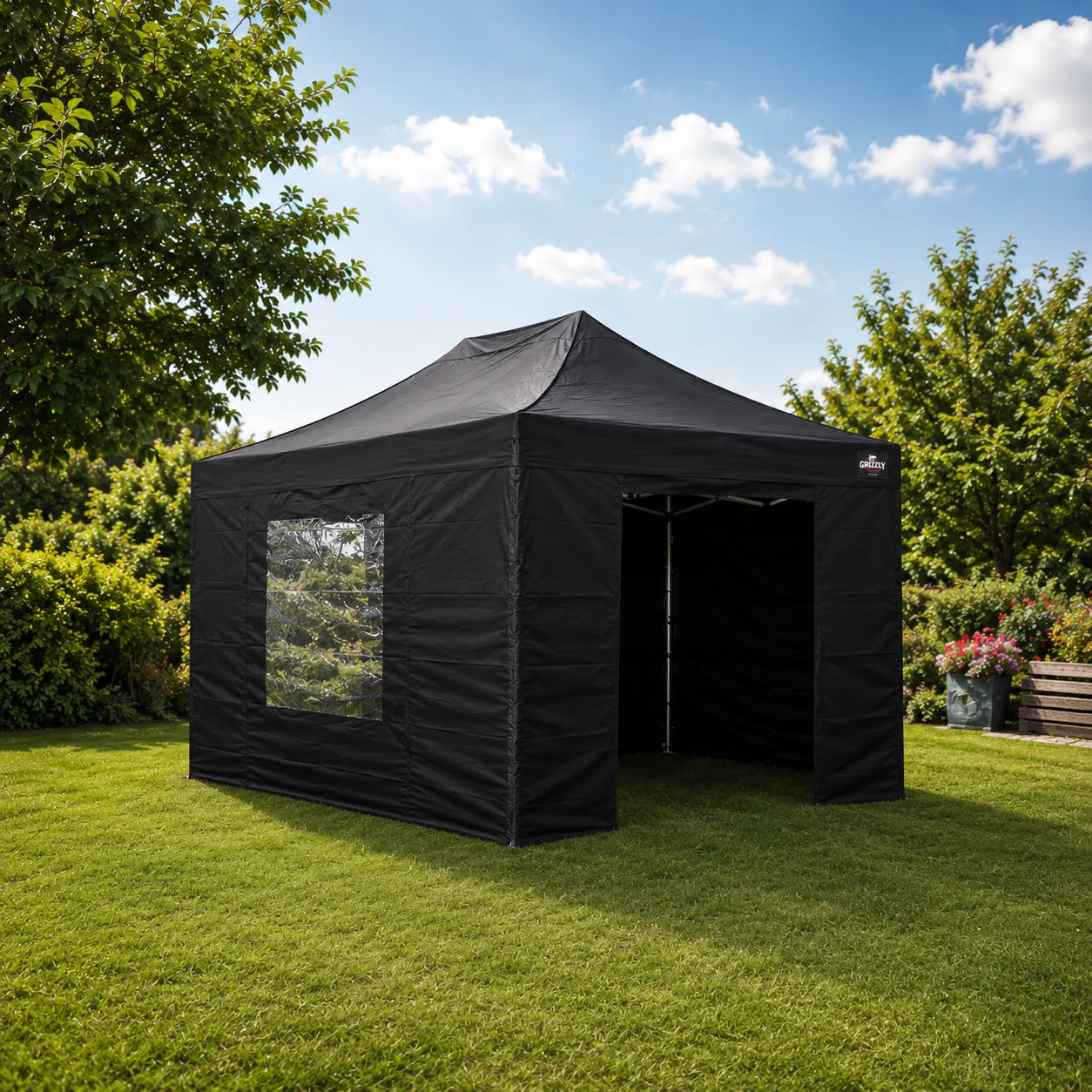 Zwarte easy-up Grizzly Partytent 4,5 x 3 meter