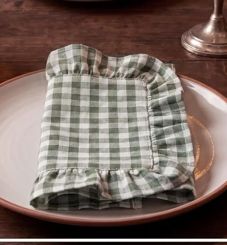 Sage Green Gingham Ruffled Linen Napkins 18''x18''