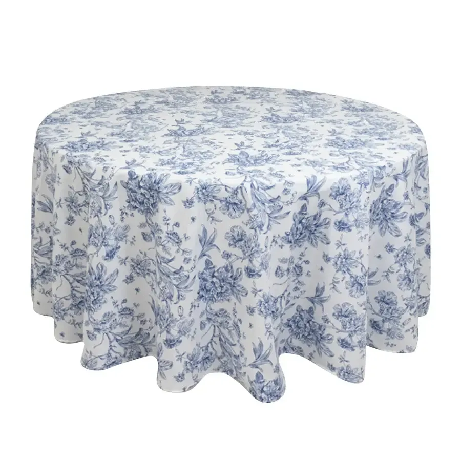 Blue & White Floral Polyester Tablecloth 120"