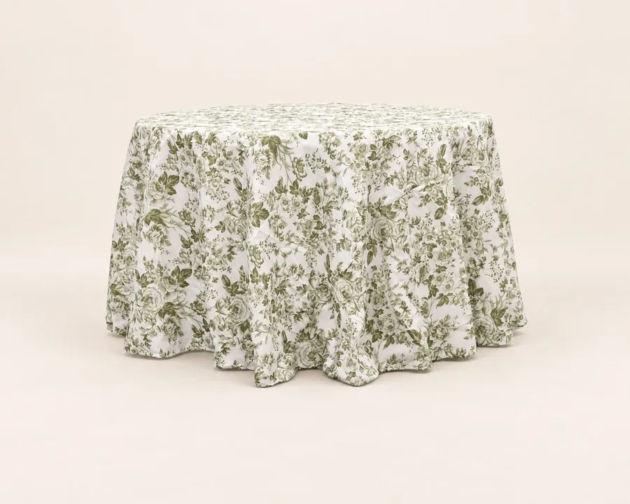 Olive & White Floral Tablecloth (120" round)