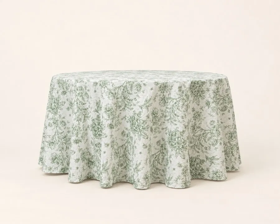 Sage & White Floral Polyester Round Tablecloth 120"