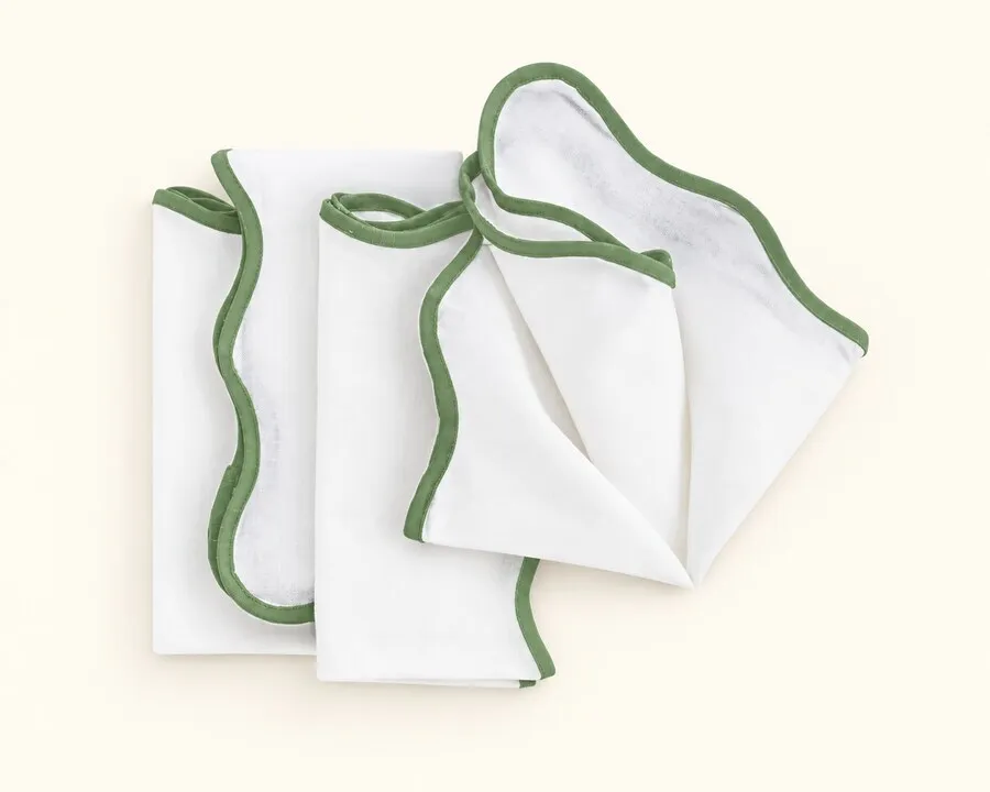 White & Sage Green Scalloped Cloth Napkin 