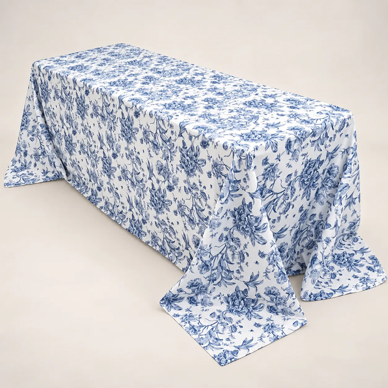 Blue & White Floral Polyester Rectangle Tablecloth 90"x156" (8ft)