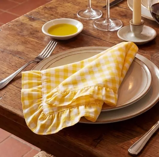 Yellow Gingham Ruffled Linen Napkins 18''x18''