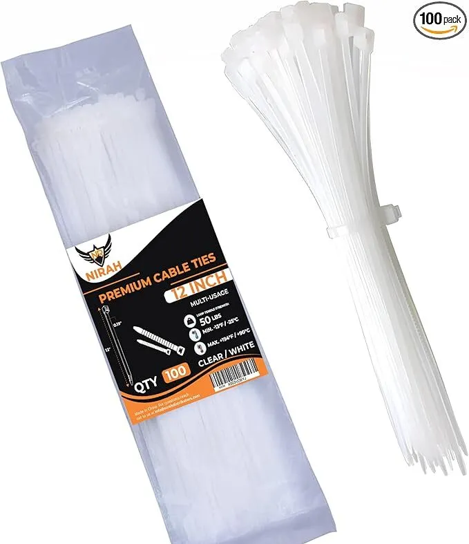 Nirah 12 inch Industrial Grade UV Resistant Zip Ties, Clear White (100 Pack) (NYC)