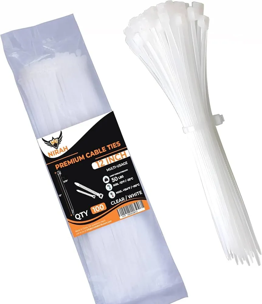 Nirah 12 inch Industrial Grade UV Resistant Zip Ties, Clear White (100 Pack) (LAS)