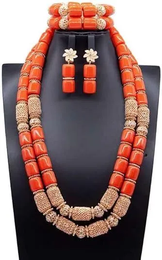 Nigerian Dubai Orange Necklace Sets of Beads African Bridal Jewelry Set