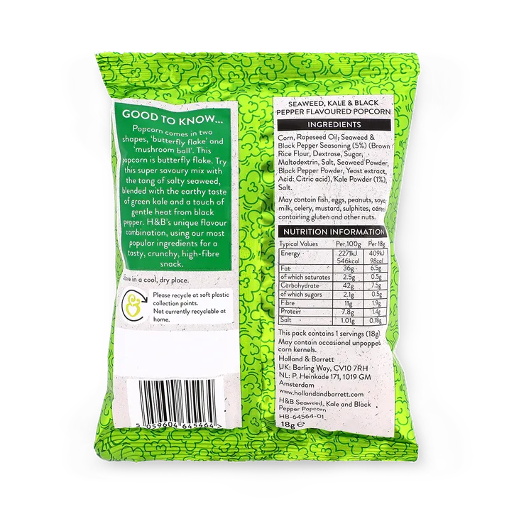 Holland & Barrett Seaweed, Kale & Black Popcorn (8 Pack 18g)
