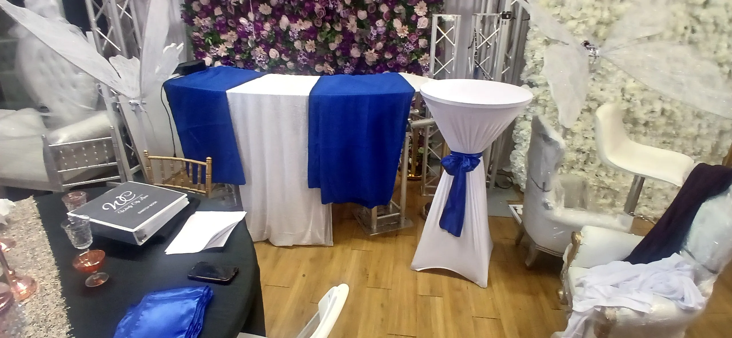 Cocktail tables with spandex covers-Event Planners Access