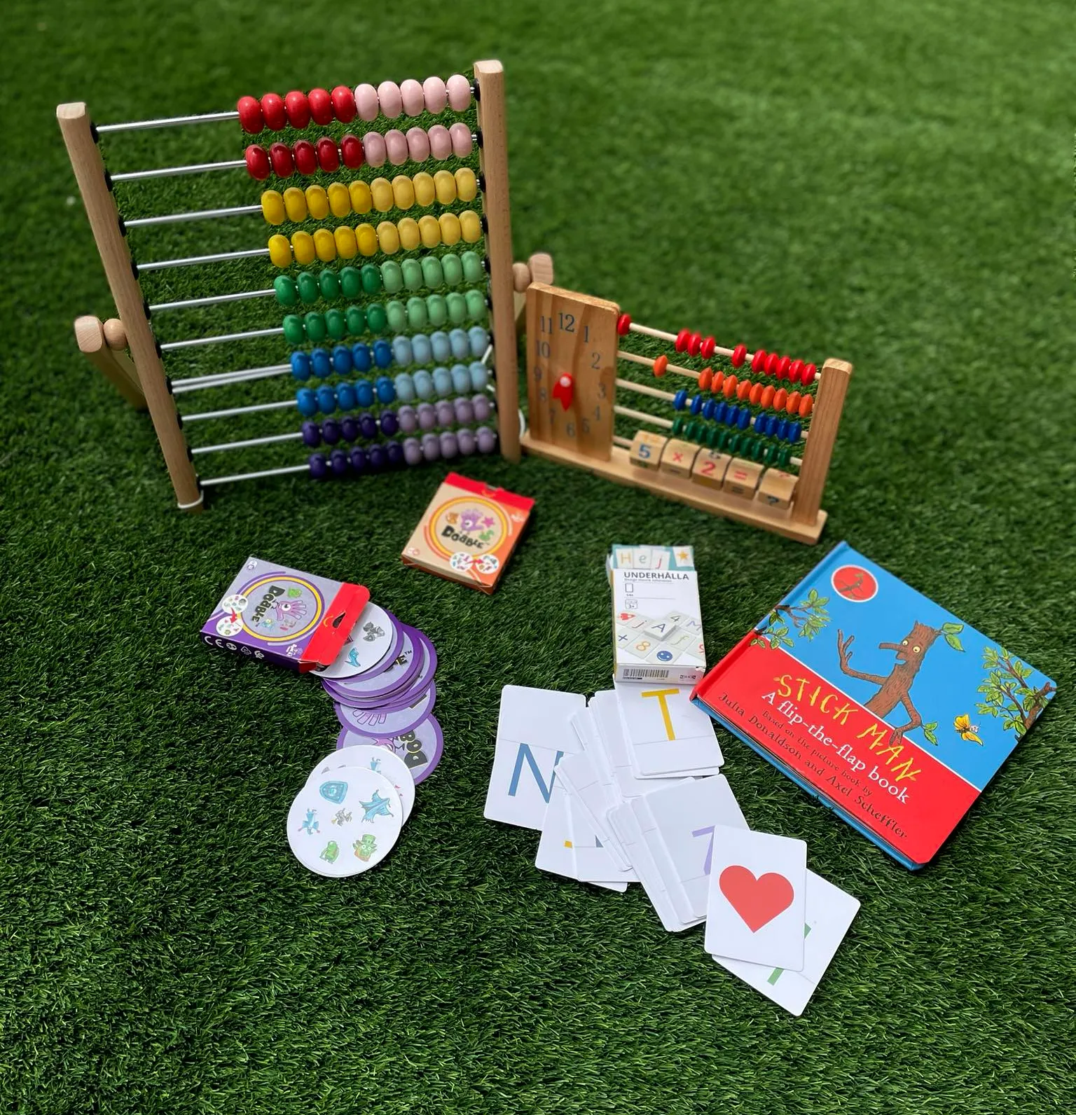 Toys set 1: Learn read & count. Book, dobble cards, letter and number cards