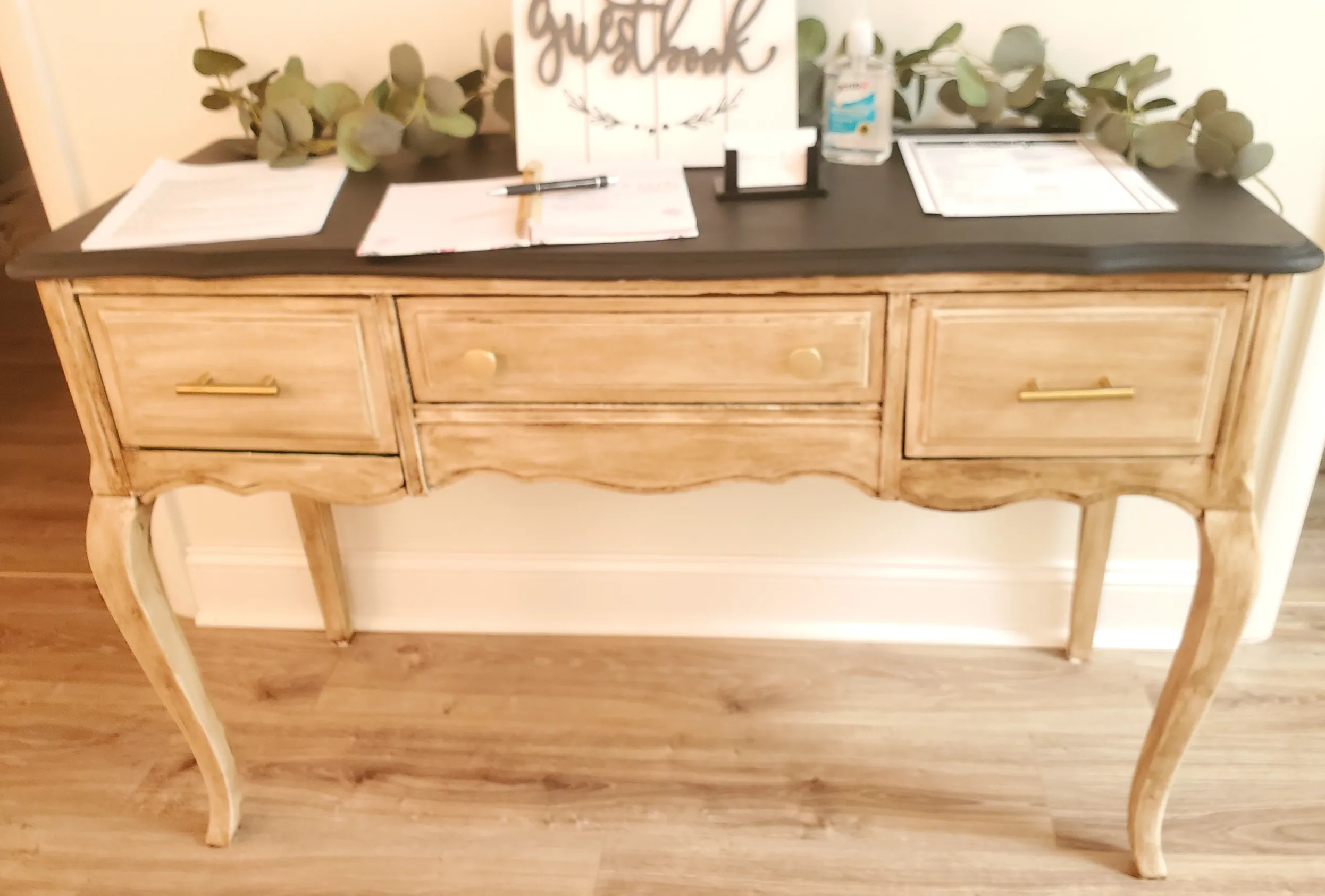 SIDE TABLE: Antique side table, black top, rustic brown  b
