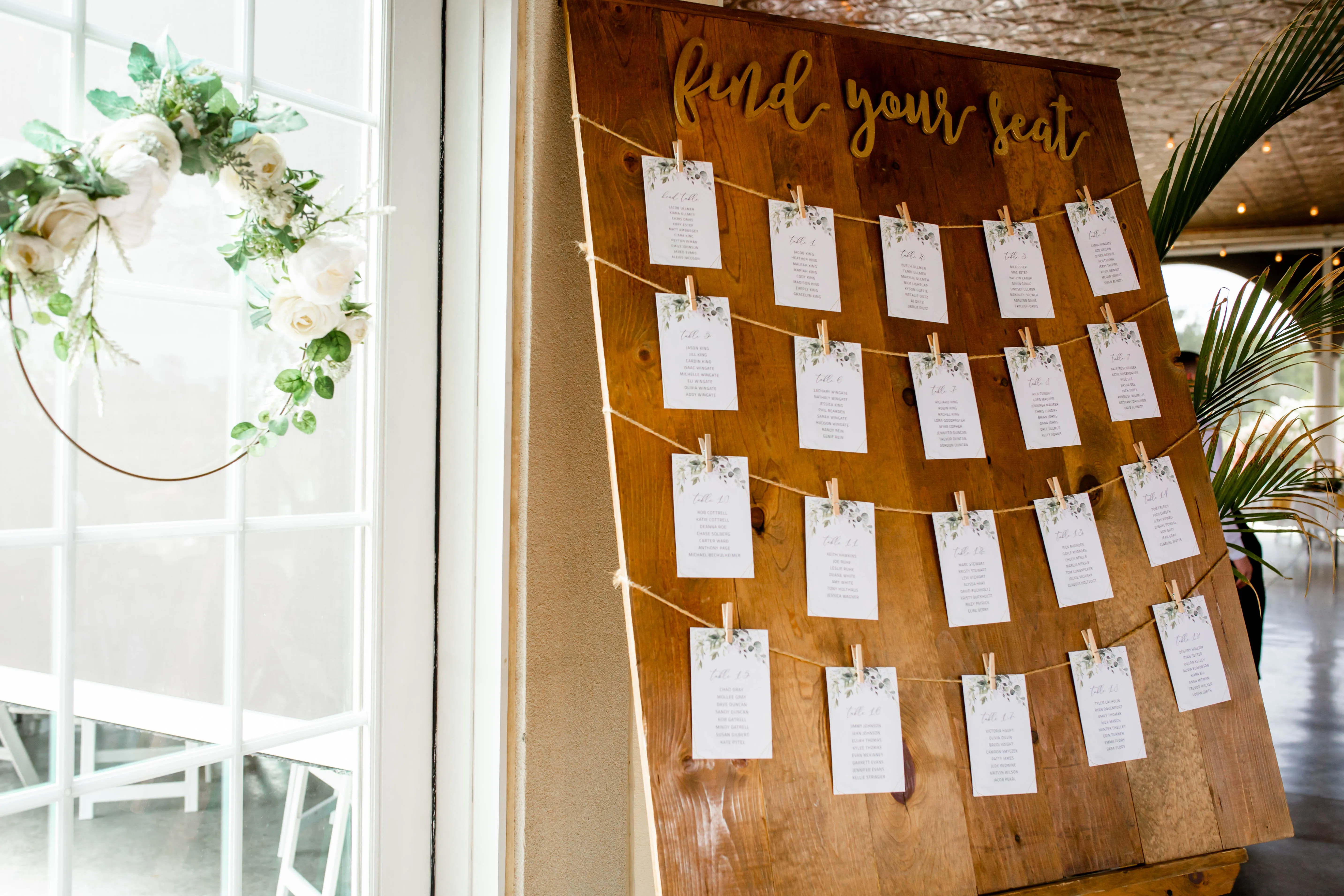 WALL: seating chart "find your seat" and wood clips