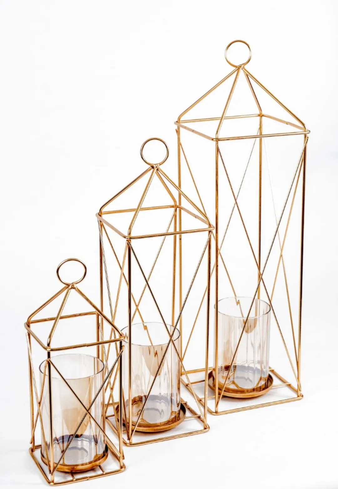 TABLESCAPE: gold metal lanterns.  Set of 3 (max 4 sets)