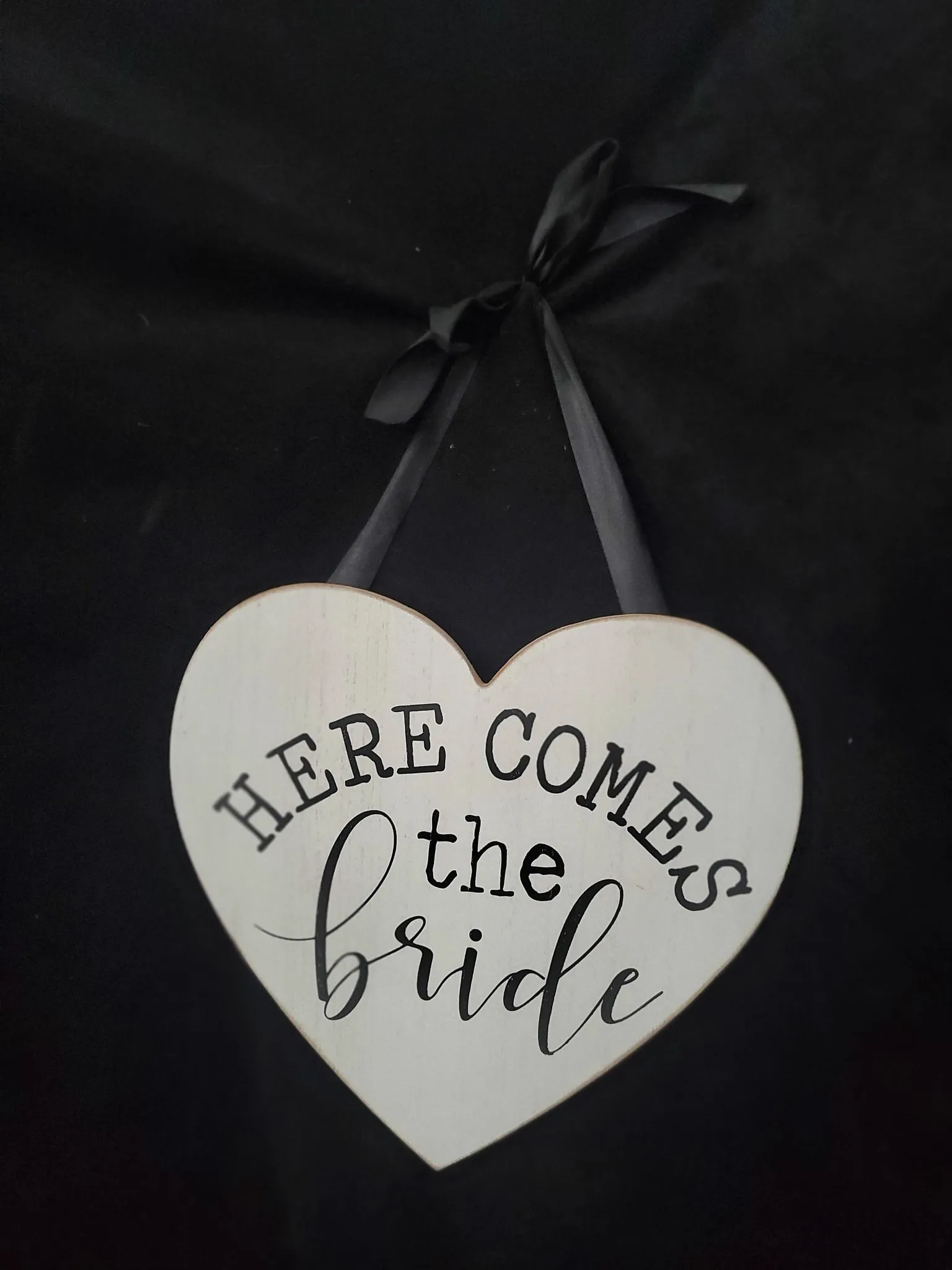 FLOWER GIRL: black and white "here comes the bride" hanging