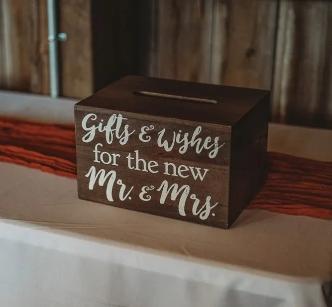 CARD BOX: rustic wood "Gifts & Wishes for the new Mr. & Mrs."