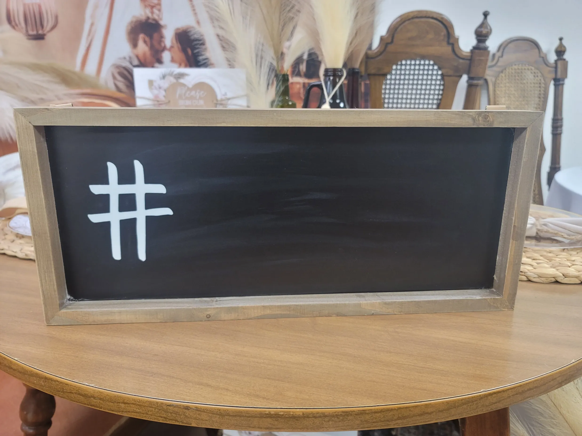 SIGN: # in wood chalkboard hashtag