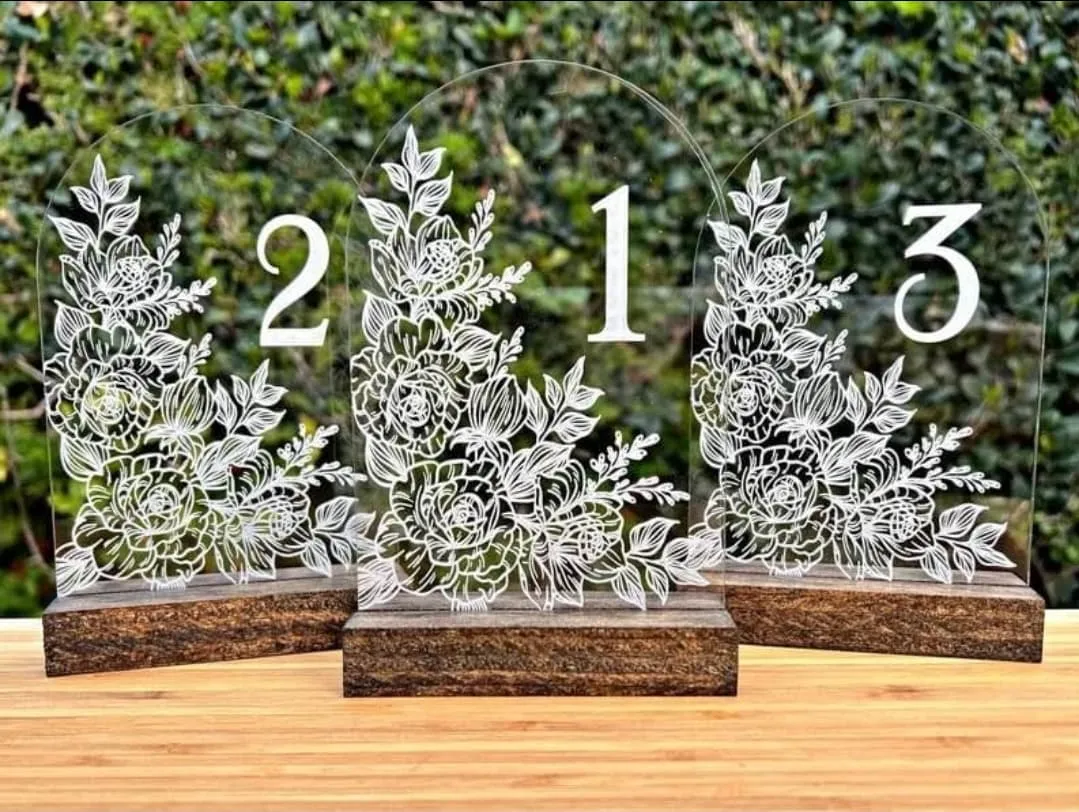 TABLE NUMBERS: Flowers on arched acrylic with wood base set 1-20