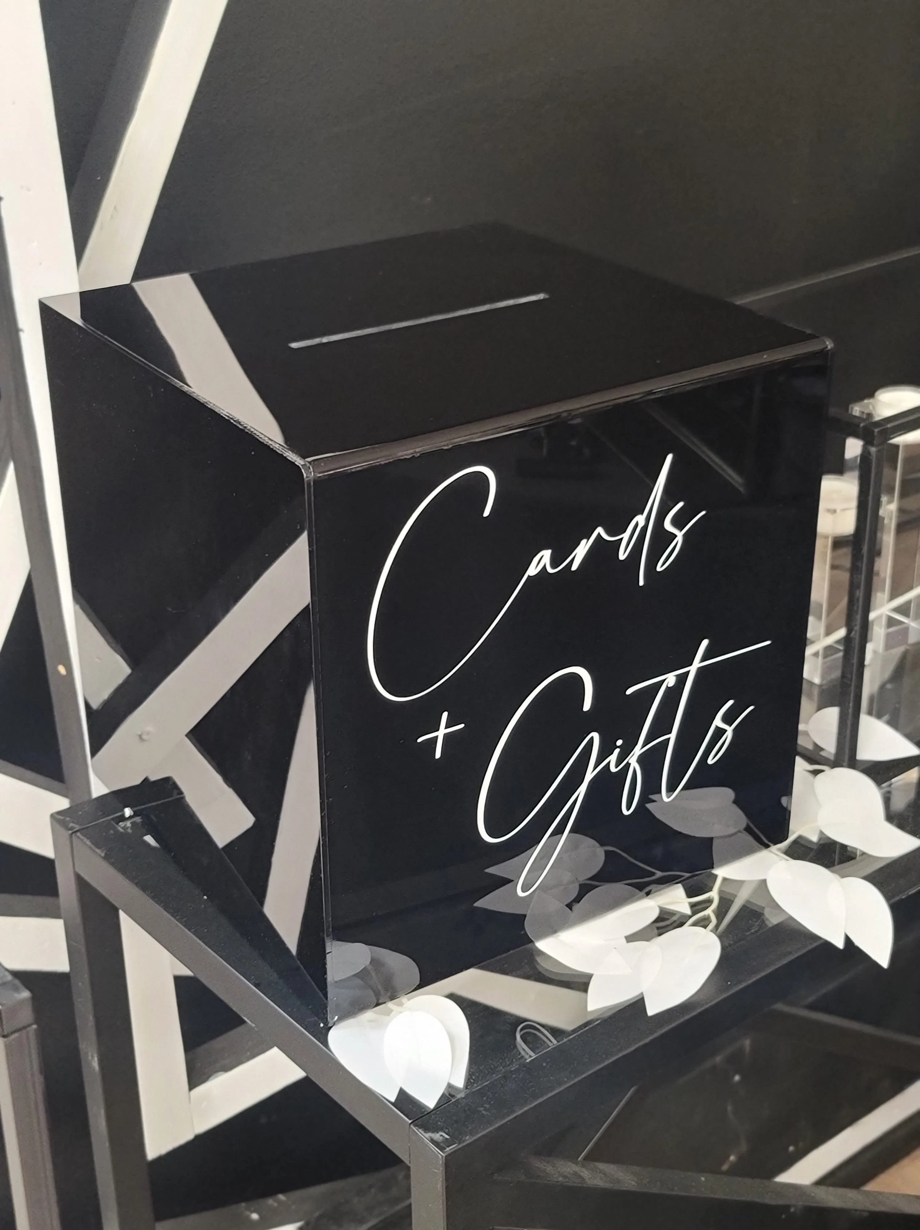 CARD BOX: black acrylic "Cards + Gifts" with lock and key