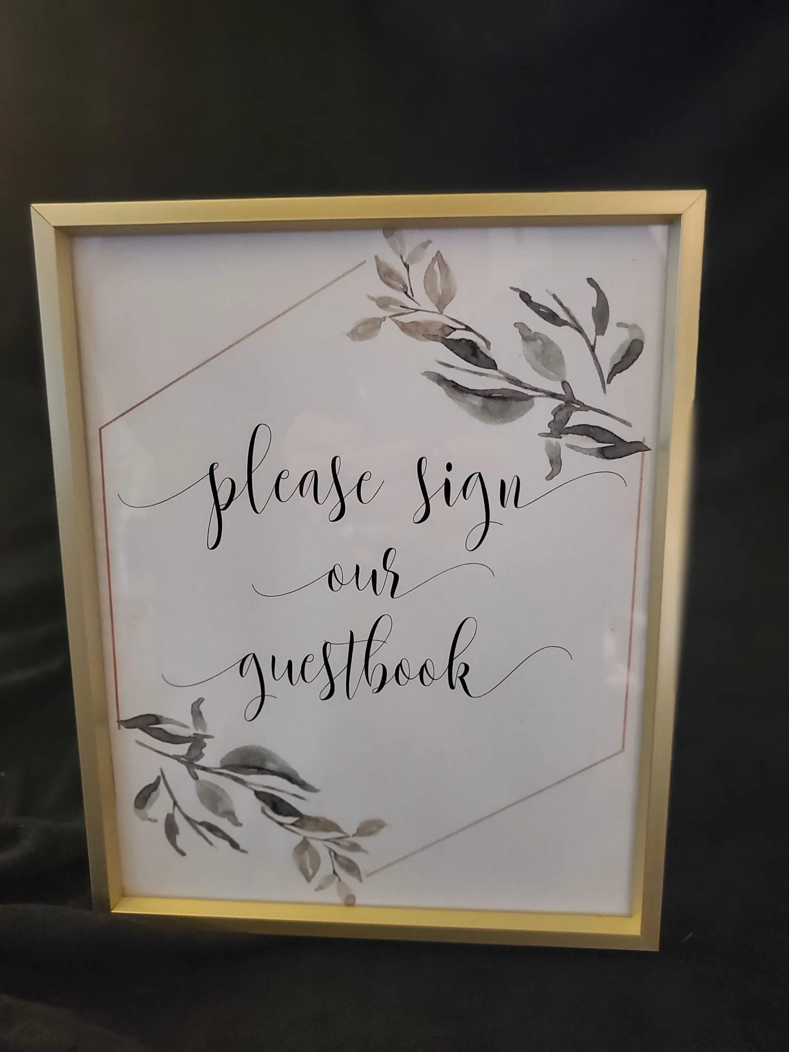 SIGN: gold frame "please sign our guest book" hexagon + leaves