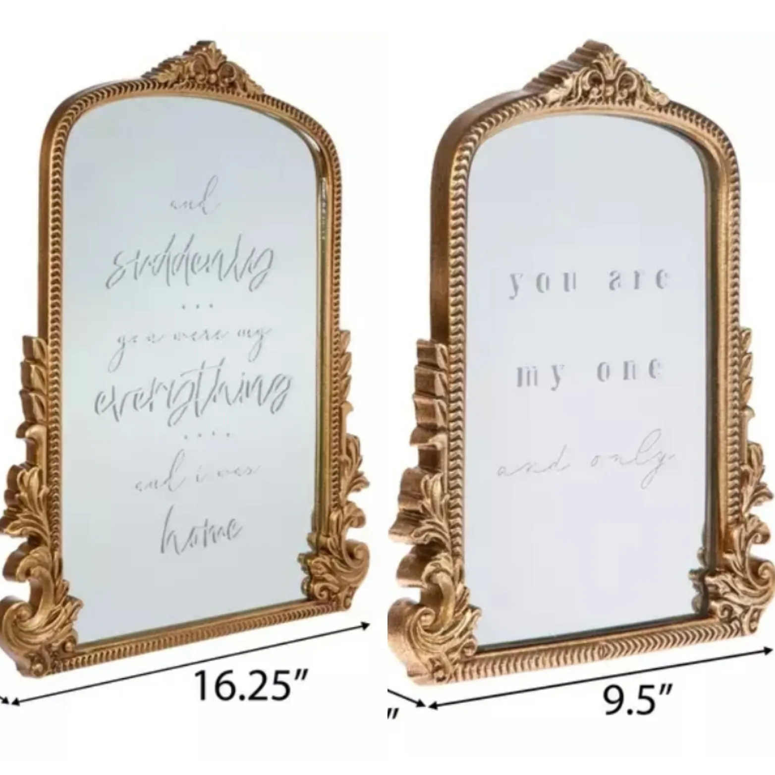 SIGN: 2 pc mirror set. Bordeaux Gold frame. With sayings. 