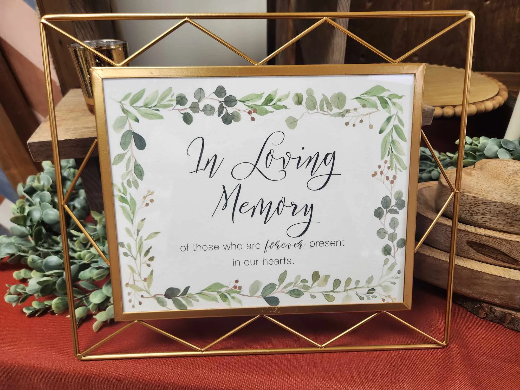 SIGN: In loving Memory sign in gold geo frame with eucalyptus