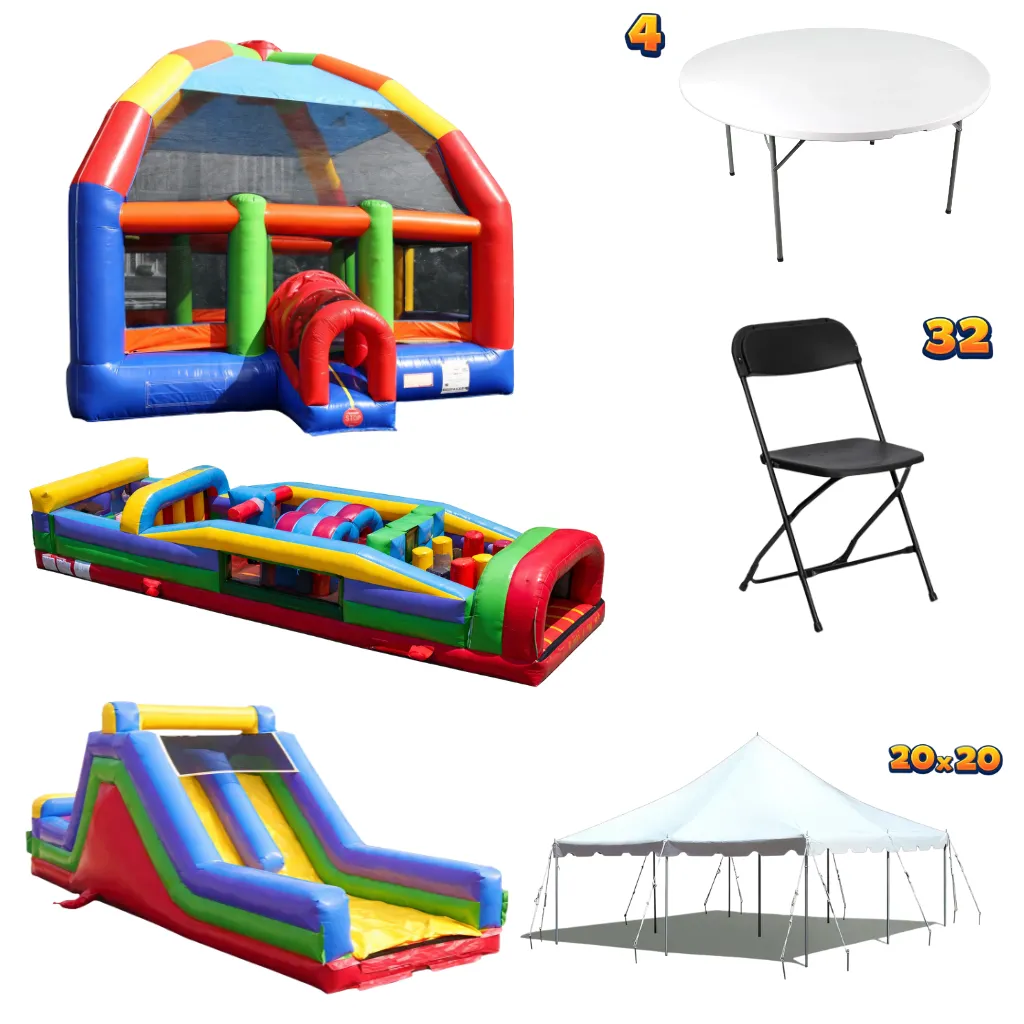 Party Bundle Non-stop Fun (Dome Bounce House + 2 Obstacles + Tent 20x20 + Tables & Chairs)