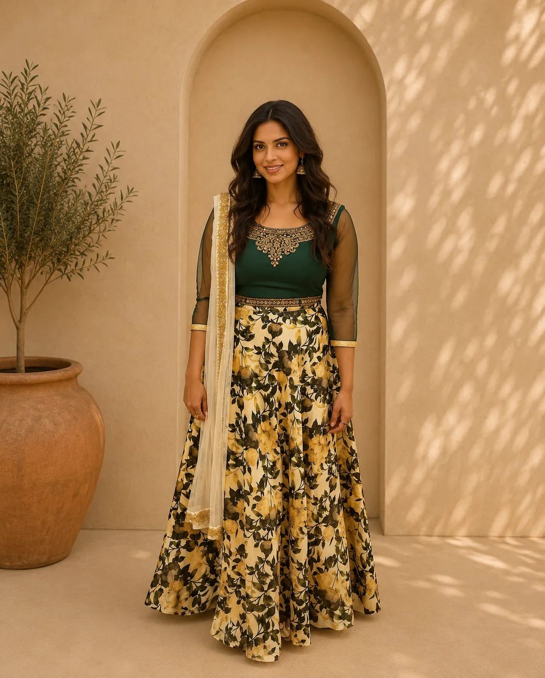 Green Floral Lehenga with Net Blouse