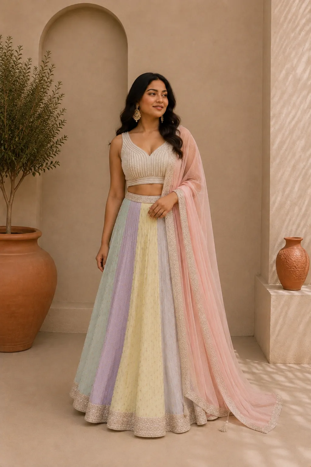 Beaded Pearl Blouse with Pastel Skirt & Dupatta