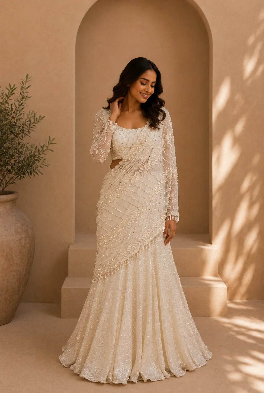 White Beaded Pre-draped Saree