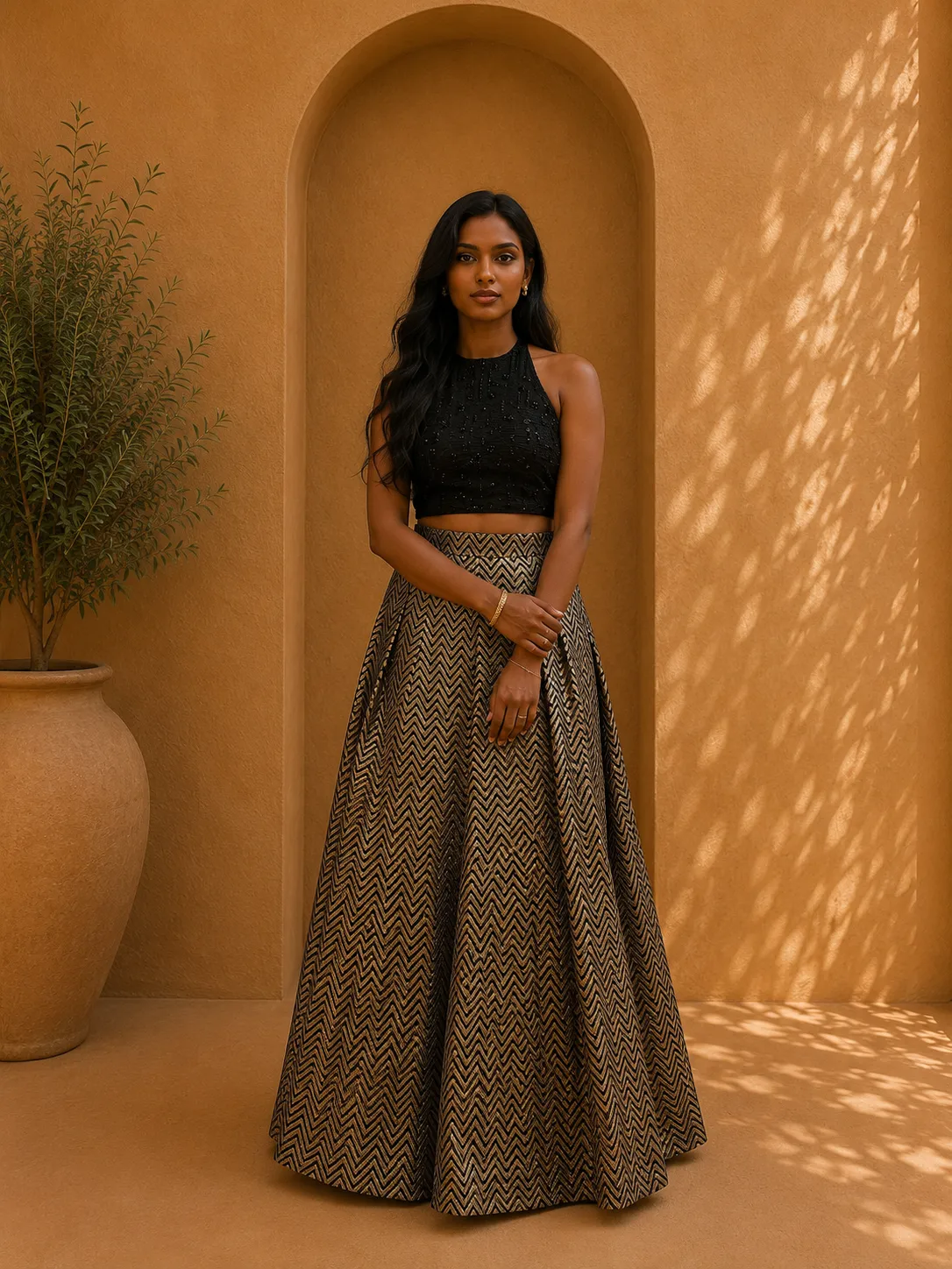 Black Halter Blouse with Striped Gold Lehenga Skirt