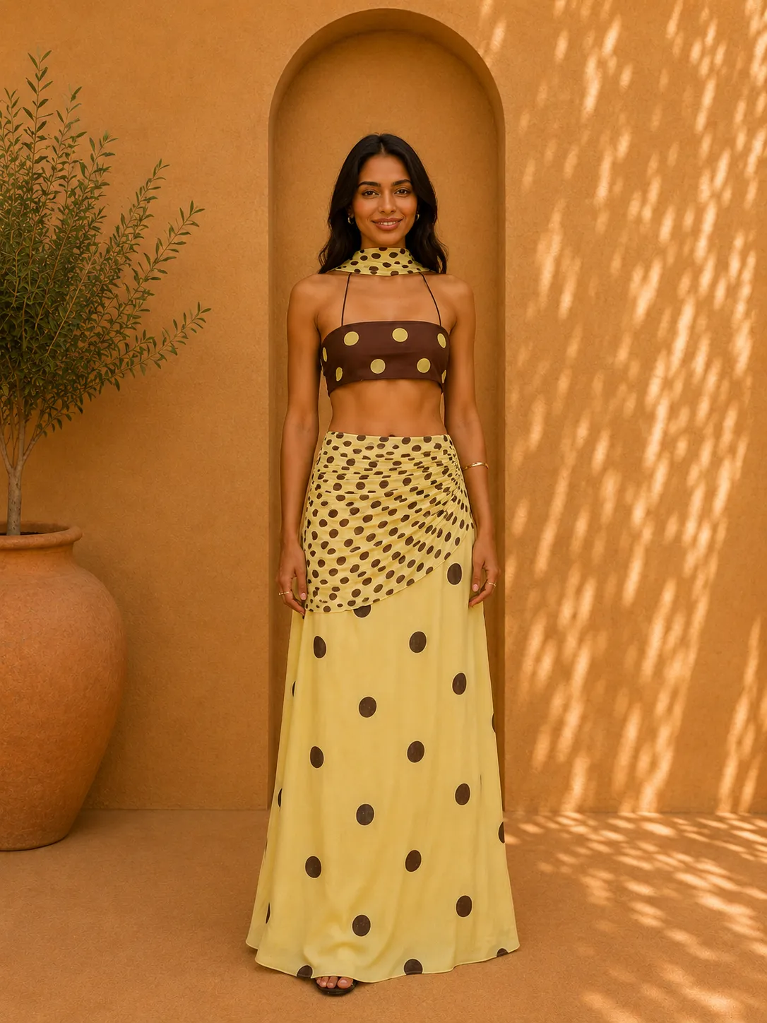 Tissa Yellow & Brown Pre-draped Saree