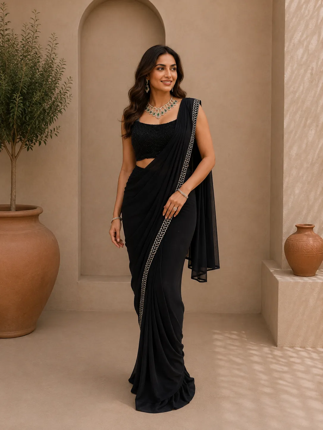 Black & Silver Pre-draped Saree