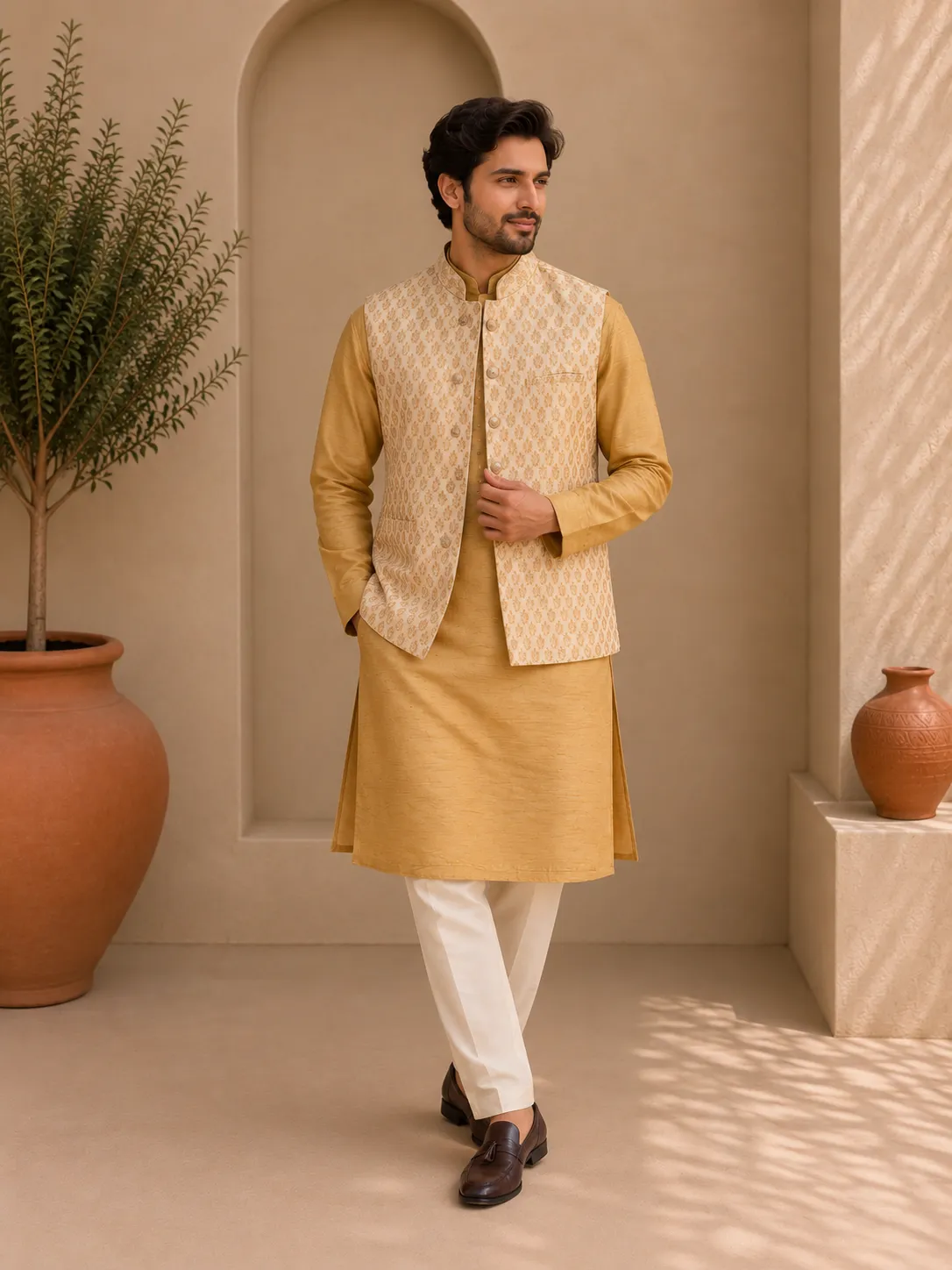 Gold Kurta with Nehru Jacket