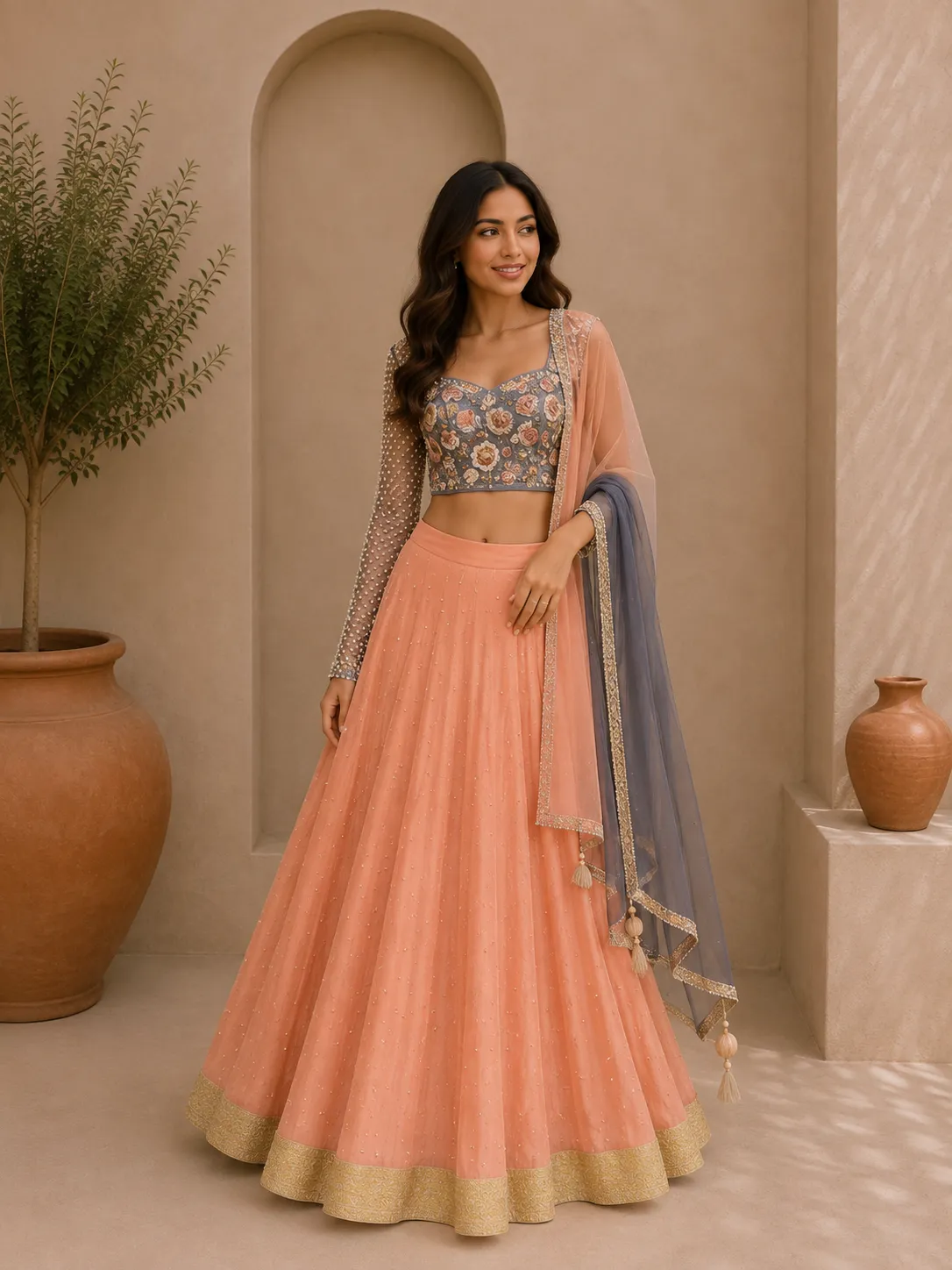 Beaded Pastel Grey & Peach Lehenga