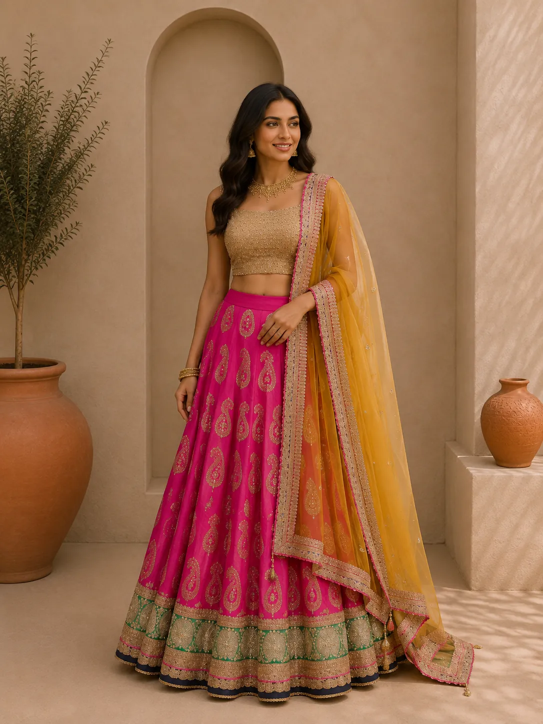 Fuchsia Pink & Mustard Lehenga 