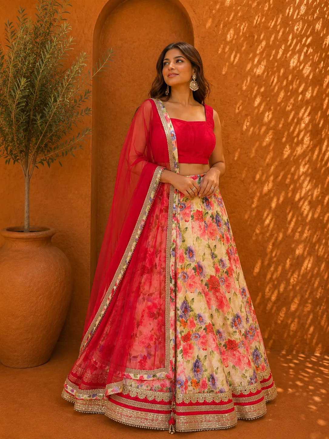 Red Blouse Floral Lehenga