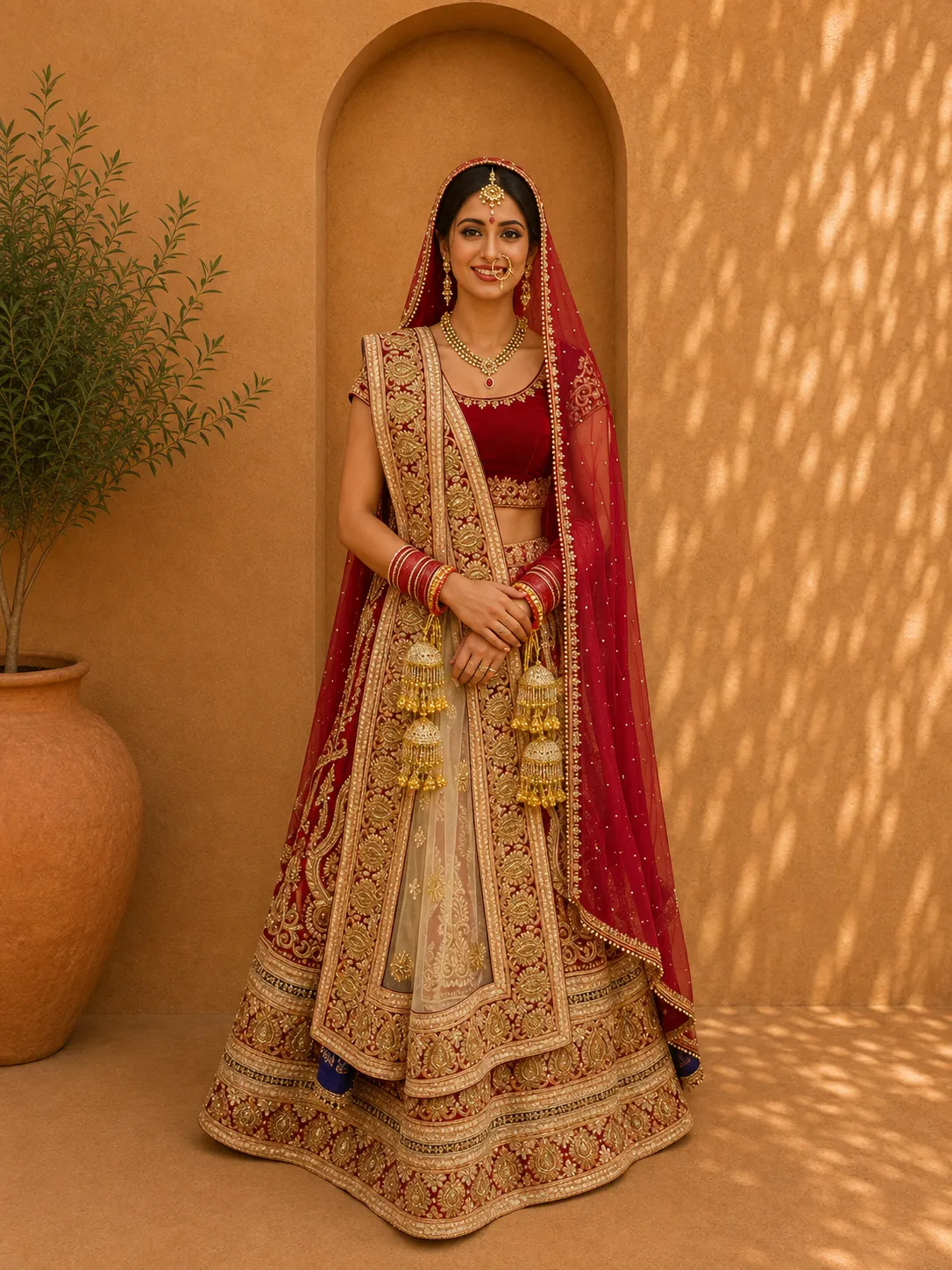 Red Velvet Heavy Bridal Lehenga, with 2 Dupattas