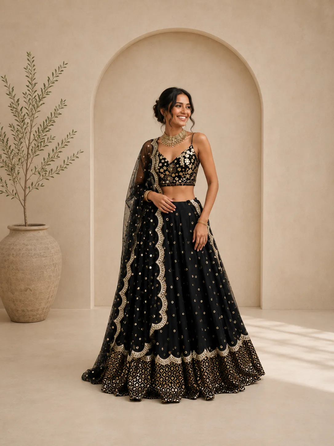Black & Gold Strappy Lehenga