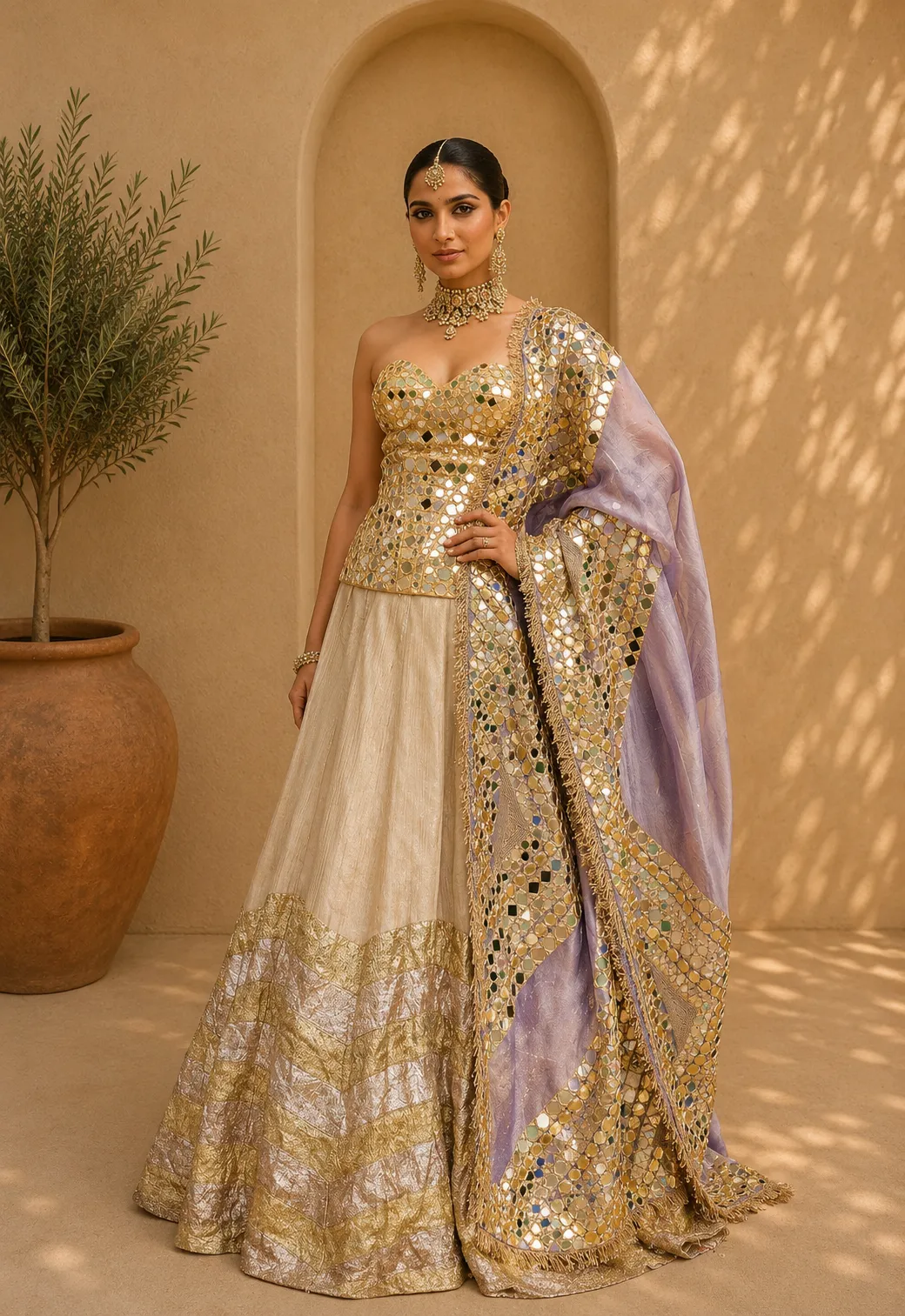 Mirror Corset with Foil Lehenga Skirt & Lilac Dupatta