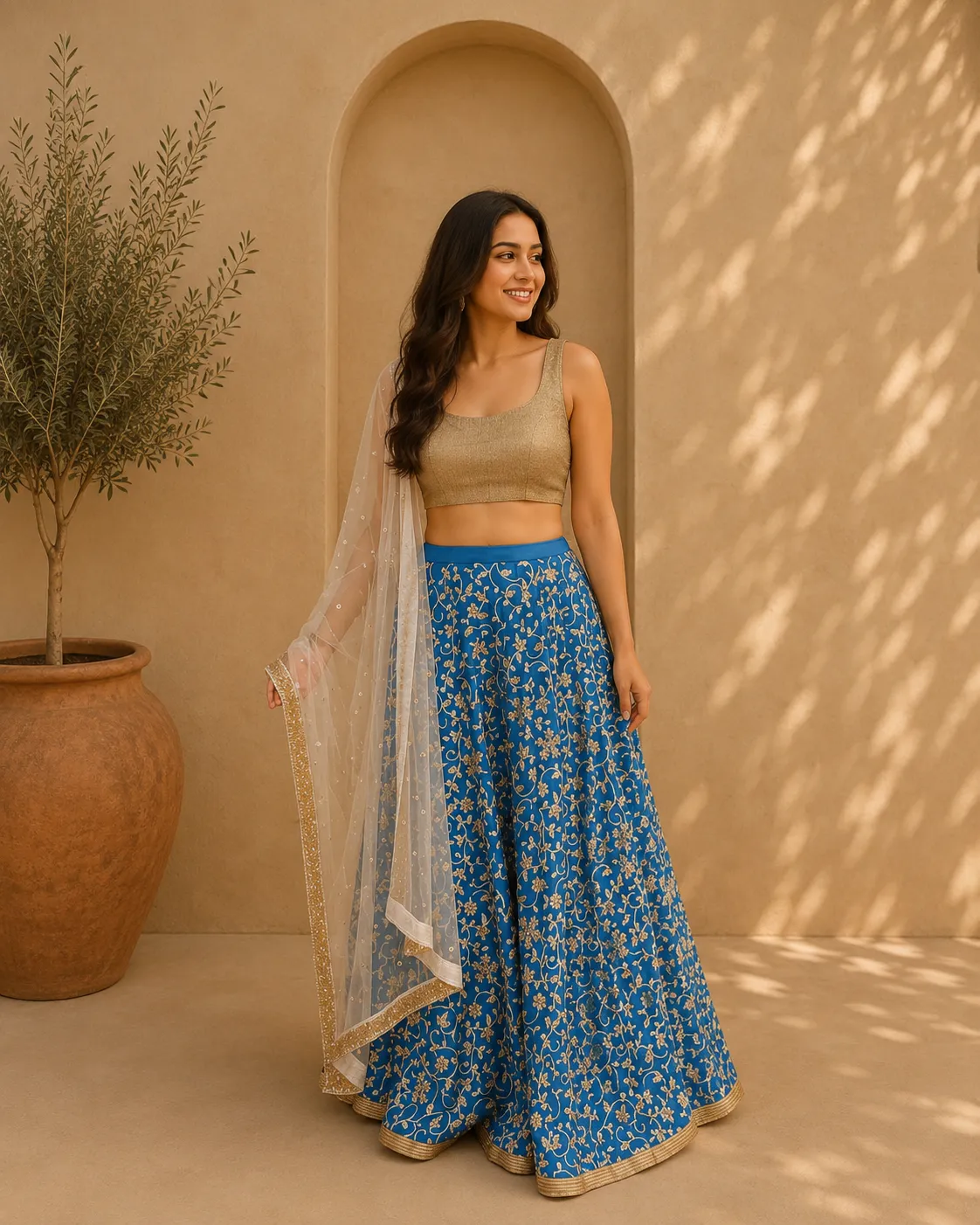 Blue Lehenga Skirt with Gold Blouse