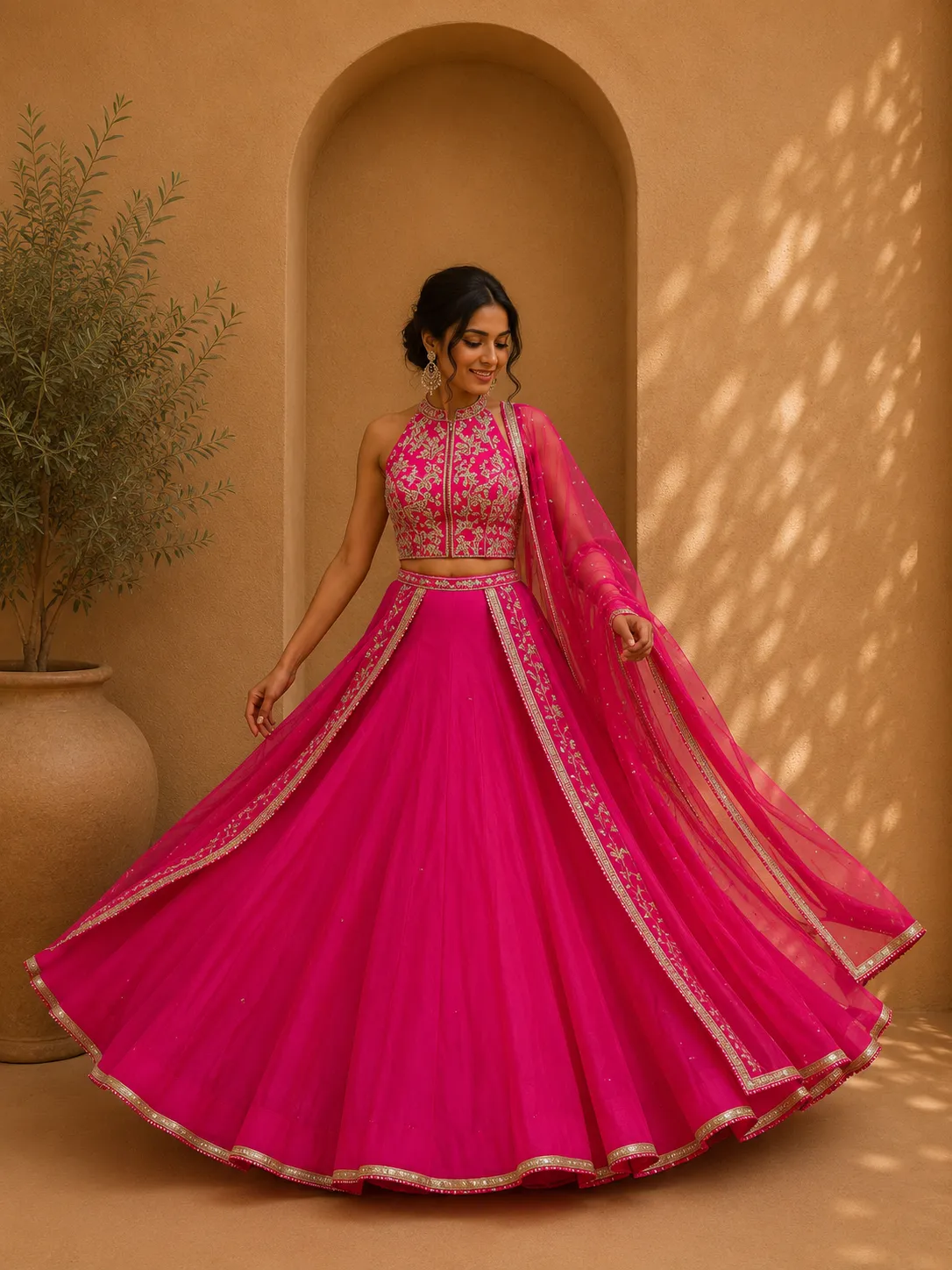 Pink High Neck Lehenga