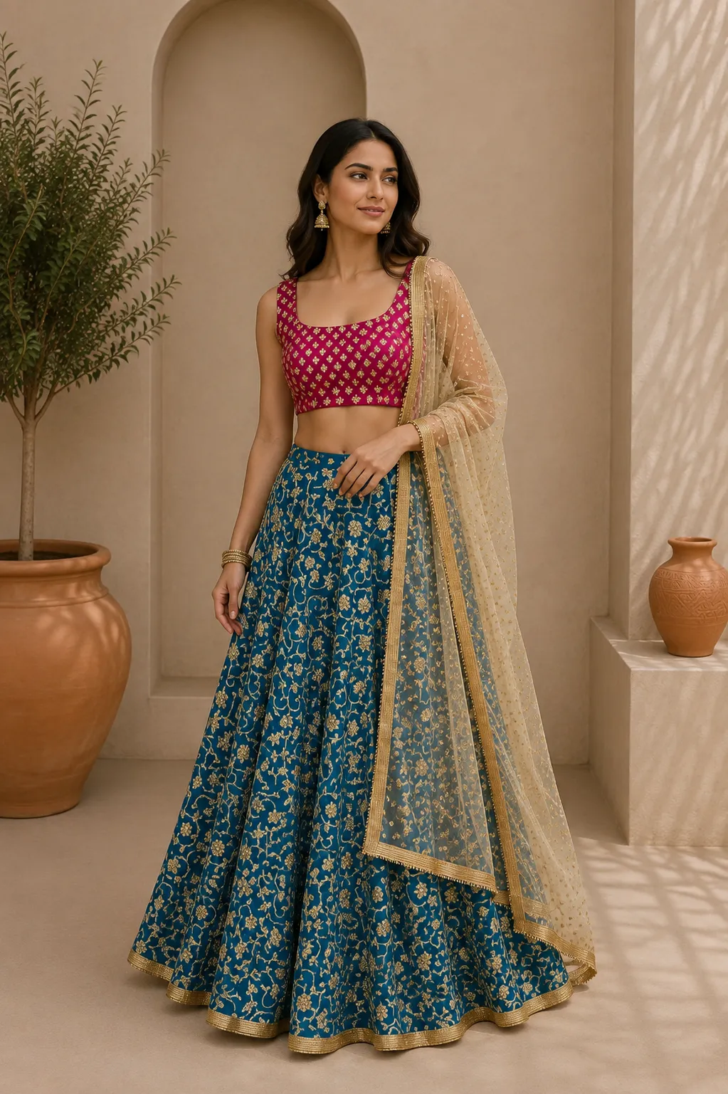 Blue Lehenga Skirt with Pink Jewelled Blouse & White Net Dupatta